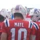 New England Patriots quarterbacks Drake Maye, Jacoby Brissett, and Joe Milton III